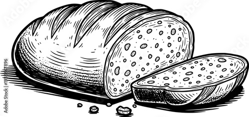 Classic hand drawn black and white illustration of a whole bread loaf with a cut slice