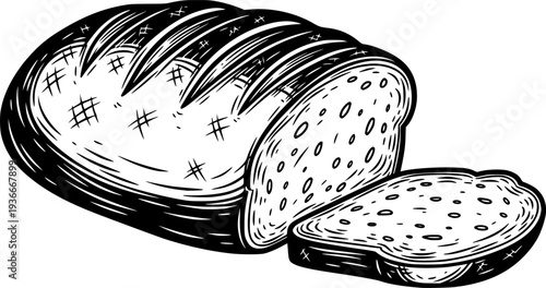 Classic hand drawn black and white illustration of a whole bread loaf with a cut slice