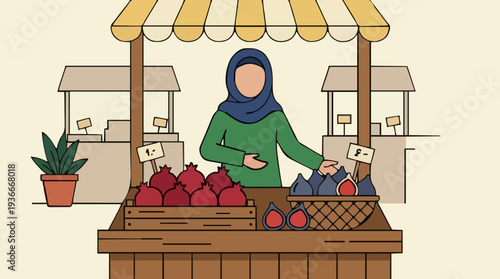 Woman In Hijab Selling Pomegranates And Berries At Outdoor Market Stall