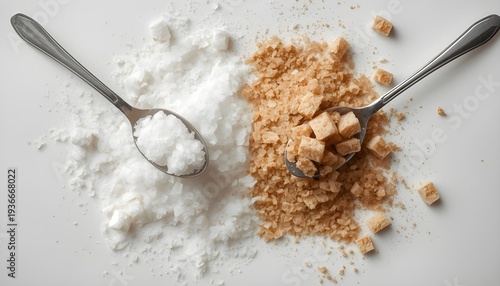 A spoonful of sugar and brown sugar on a white surface