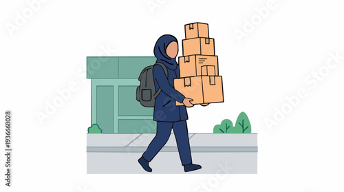 A woman wearing a blue hijab and jacket carries a large stack of brown cardboard boxes on a sidewalk with a building and green bushes in the background
