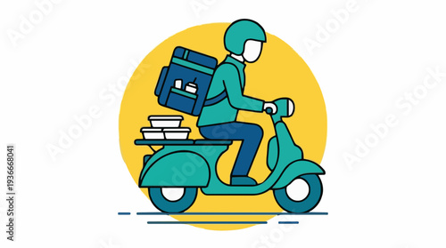 Delivery Person Riding Scooter with Food Containers and Backpack against Yellow Circle Background