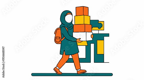 Young woman in teal tunic orange pants and hijab carries stack of yellow and orange boxes with backpack on shoulder