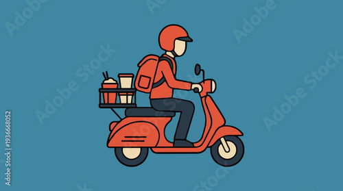 Food Delivery Person Riding Red Scooter with Orange Backpack and Food Containers on Blue Background