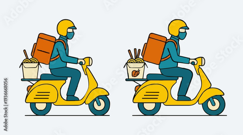 Food Delivery Person Rides Yellow Scooter With Orange Backpack and Food Containers on White Background