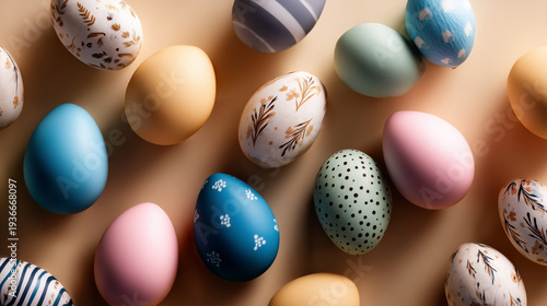 a cute colorful background full of easter eggs, no space inbetween the eggs, beige background, bright lighting, cute vibes, each easter egg with different patterns and designs, arr