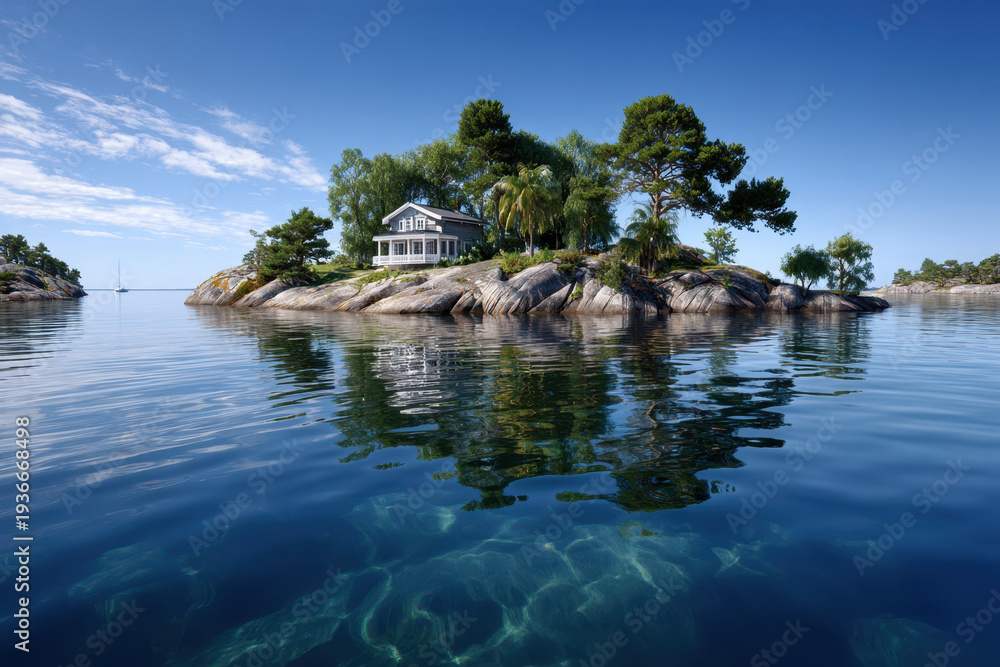 Obraz premium Idyllic waterfront house on a serene island surrounded by clear blue water