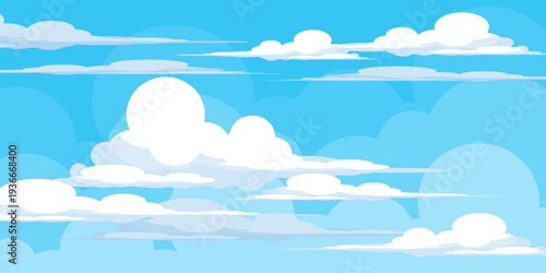 Illustration of a blue sky with white clouds in a flat style. Blue sky background and white clouds. Cartoon sky