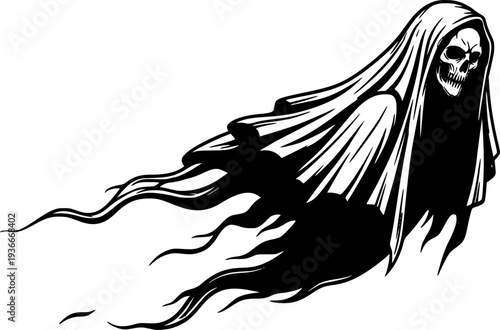 Dark ghost illustration, fantasy figure with veil, flow, spooky