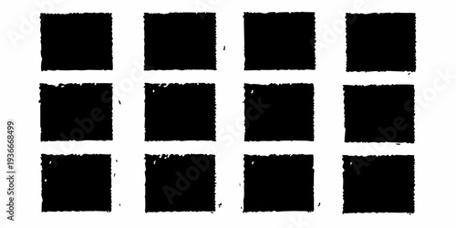 Arrangement of nine black rectangles on a stark white background