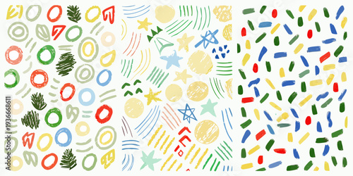 Colorful abstract doodles and shapes scattered across a white background