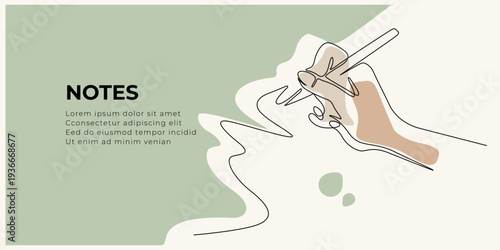 Drawing of a hand writing with a pen. Single-line drawing. Vertical banner with note inscription.