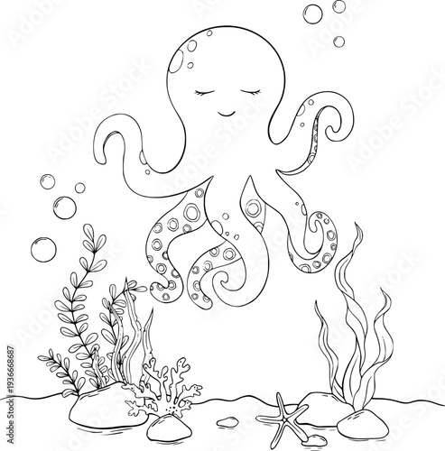 Underwater Animals. Coloring of undersea octopus, shells, algae, corals and bubbles. Underwater animal outline painted in black and white for kids design, poster, baby shower, newborn cards. Hand