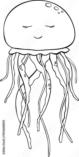 Vector cute Jelly Fish. Sketch of Undersea cartoon medusa. Underwater animal outline painted in black and white. Coloring. Hand drawn illustration for kids things