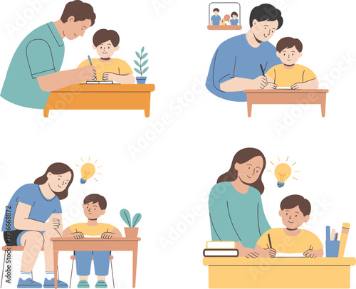 Parents helping children study at home, family tutoring, education support, learning together, father mother teaching kid homework, vector illustration concept