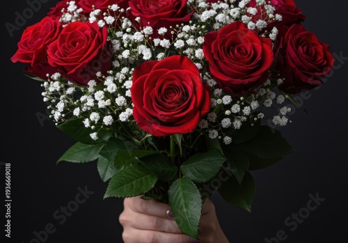 A luxurious bouquet featuring deep red velvety roses contrasted beautifully with the tiny white blooms of gypsophila, perfect for romance and elegance, studio, traditional, classic