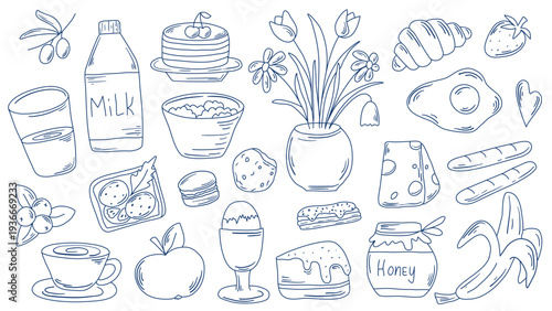 Set hand drawn whimsical breakfast themed illustrations. Sandwich, eggs, omelet, milk, coffee, tea, honey, fruits, berries. Clip art in doodle sketch style. Food and drink, eating mood. Vector graphic