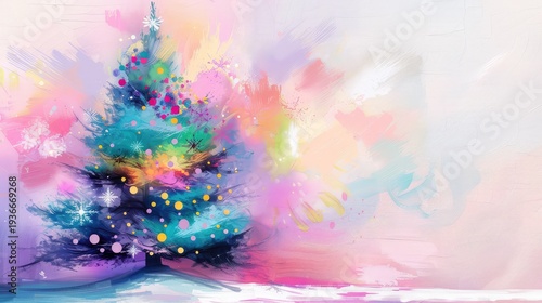 Vibrant Abstract Christmas Tree with Colorful Decorations and Snowy Background in Whimsical Style