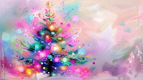 Vibrant Holiday Christmas Tree with Colorful Lights and Artistic Brush Strokes on a Soft Background
