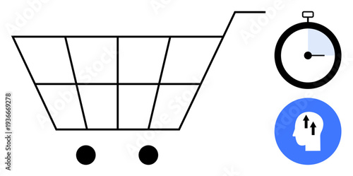 E-commerce concept combining shopping cart, time management, and consumer insights . E-commerce optimizing efficient shopping, behavioral analysis, and digital marketing strategies. For retail