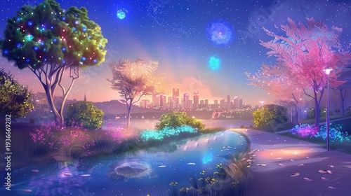 Vibrant Nightscape with Colorful Trees and City Skyline Under Starry Sky and Ethereal Glow