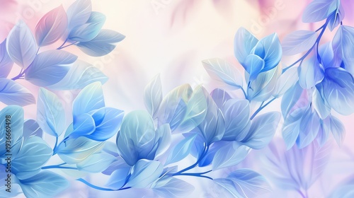 Ethereal Blue and Purple Leaves on Soft Background, Delicate Flora Design for Backgrounds and Illustrations