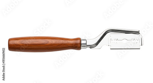 A straight razor with a wooden handle on a isolated on transparent background