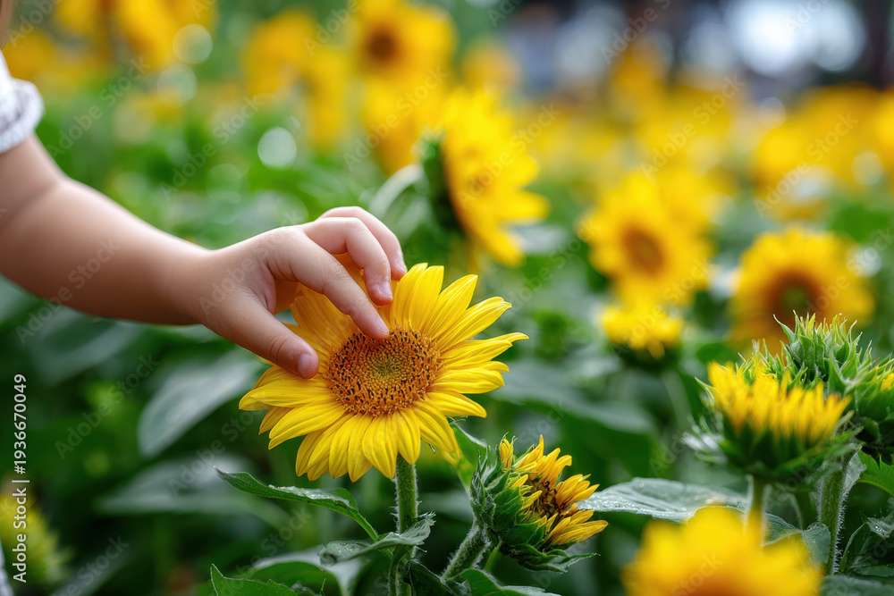 Fototapeta premium Child's hand gently touches a sunflower in a vibrant field of yellow blooms during daytime