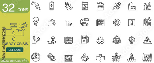 Energy crisis line icon electricity power fuel gas battery renewable set for infographic and app interface outlining shortage outage conservation solar wind oil factory