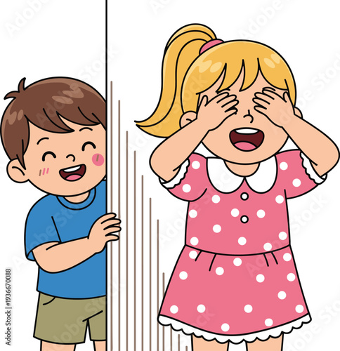 Cute, Little, Boy, and, Girl, Playing, Hide, and, Seek, Game, Together, Happy, Kids, Enjoying, Fun, Indoor, Activity, Cartoon, Vector, Illustration