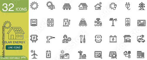Solar energy line icon renewable power solar panel battery inverter set on white background, editable outline symbol collection for infographic, web interface, sustainable technology