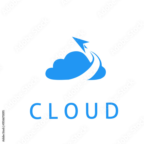 Modern blue cloud computing logo featuring a fast-moving arrow or paper plane. Professional vector design for tech startups, cloud storage services, and digital data transmission