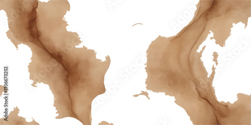 3D illustration of a vintage torn paper map with paint brush strokes and splashes on a blank white background featuring a brown country silhouette design