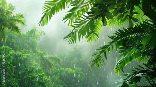 Lush Tropical Rainforest with Vibrant Greenery and Gentle Rainfall in a Serene Natural Environment