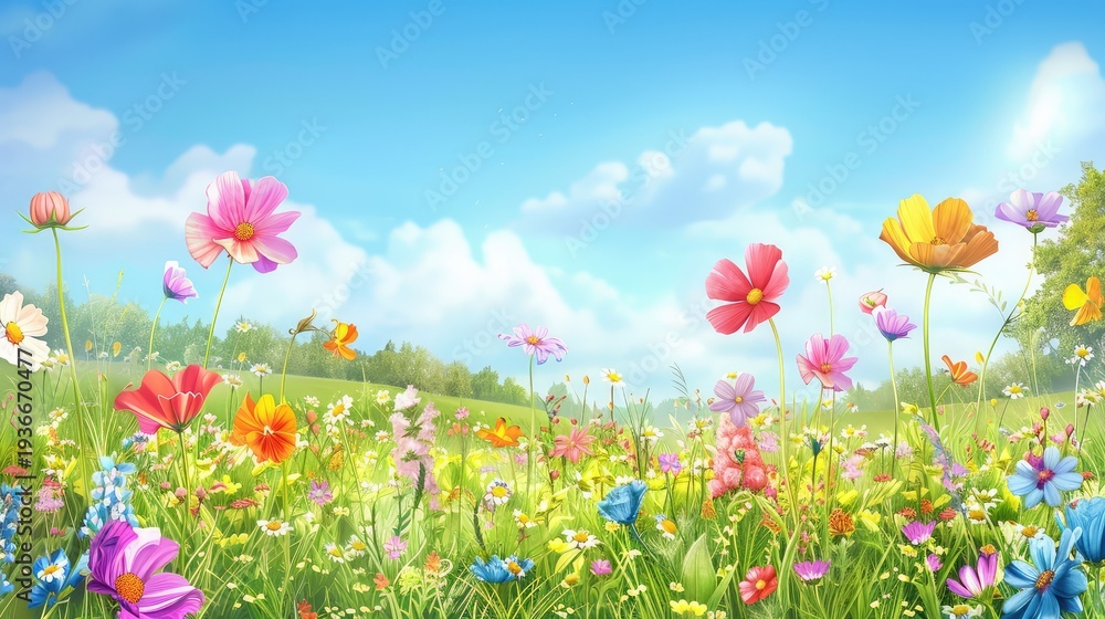 Fototapeta premium Vibrant Field of Colorful Wildflowers Under a Bright Blue Sky with Soft White Clouds