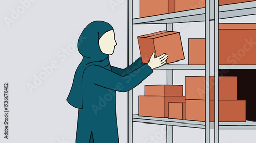 Woman in Teal Hijab Arranging Cardboard Boxes on a Metal Shelf in a Warehouse Setting Minimalist Style Flat Illustration