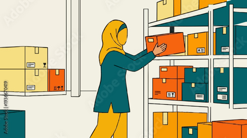 Woman in teal tunic and yellow hijab organizing orange boxes on shelves in a brightly lit warehouse storage facility with beige and yellow color palette