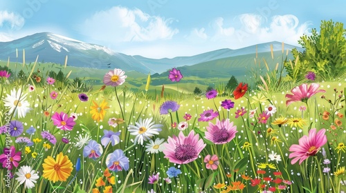 Vibrant Meadow Landscape with Colorful Wildflowers Under Bright Blue Sky and Majestic Mountains in Background