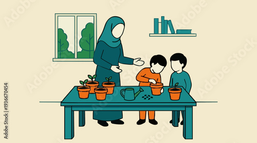 Muslim woman teaching children about gardening planting seeds in pots indoors with a window view of trees and bookshelf in background