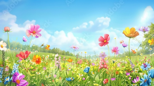 Vibrant Field of Colorful Wildflowers Under a Bright Blue Sky with Soft White Clouds