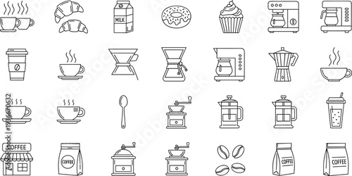 Coffee and Cafe Line Icon Set with Espresso Cup Coffee Maker Beans Grinder Donut and Bakery Symbols Vector Illustration