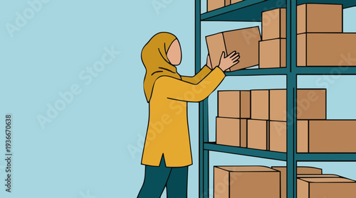 Woman In Yellow Hijab And Teal Pants Places Brown Cardboard Box On Shelf In Warehouse With Blue Wall Background Minimalist Style