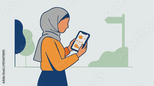 Young Muslim Woman Wearing Orange Shirt and Grey Hijab Holding Mobile Phone Outdoors with Greenery and Signpost in Background