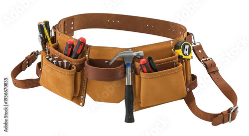 Brown leather tool belt with various tools isolated on transparent background