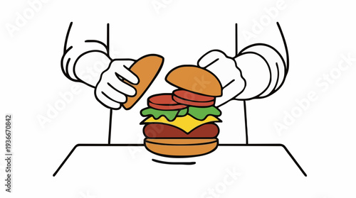 Chef Hand Constructing Tall Burger with Multiple Beef Patties Lettuce Cheese Tomato and Bun Layers on Table Surface Overhead View