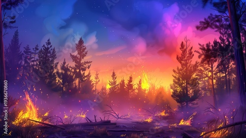Colorful Digital Artwork of a Forest Fire at Dusk with Vibrant Skies and Flames Illuminating the Landscape