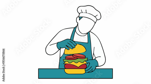 Chef Preparing A Large Hamburger With Lettuce Tomato Cheese And Beef Patty On A White Background