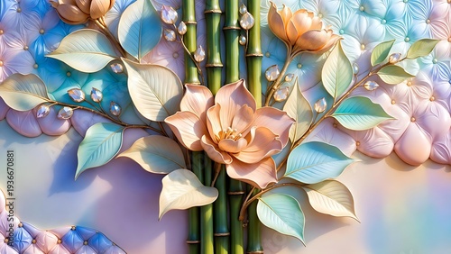 Floral Bamboo Branches with Gems and Tufted Background