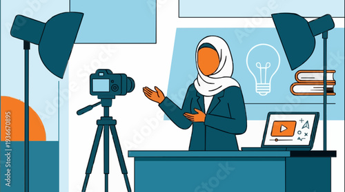 Muslim Woman Filming Educational Content with Professional Camera and Studio Lights in a Modern Workspace