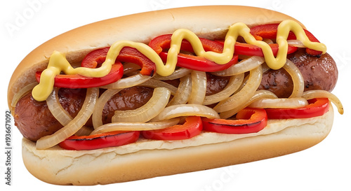 Delicious hot dog with mustard onions and red peppers on soft bun